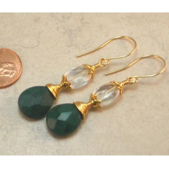 Green Jade Clear Quartz & Gold Wire Wrap Earrings - Picture 3 of 3
